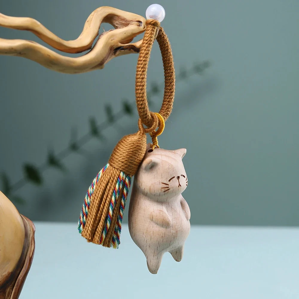 Retro Wooden Cat Keychain Hand Carved Cute Kitty Bag Pendant Charm Tassel Gift for Women Girl Couple Fashion Jewelry Accessories