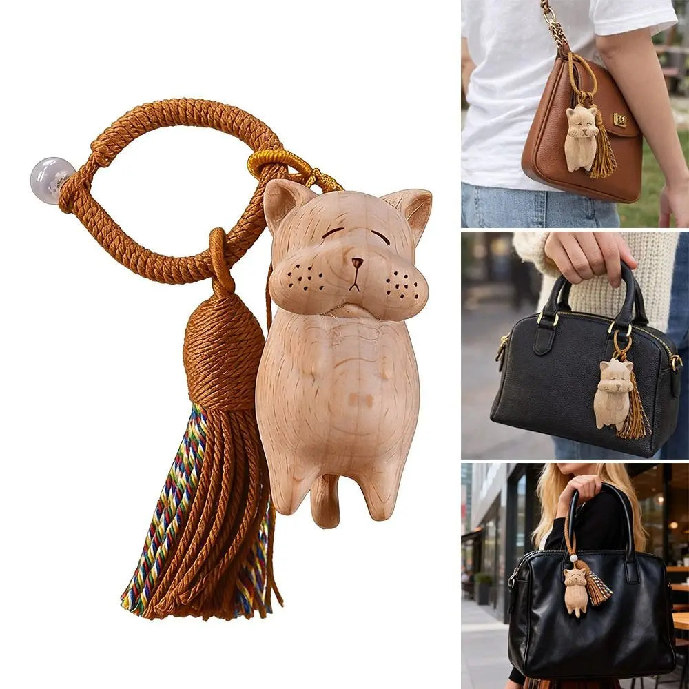 Retro Tassel Handcrafted Wooden Cat Pendant Wooden Material Bags Decoration Cat Keychain Money Catching Cat Bag Pendant