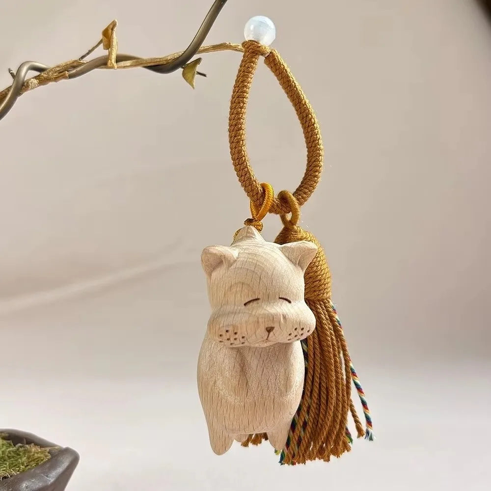 Retro Tassel Handcrafted Wooden Cat Pendant Wooden Material Bags Decoration Cat Keychain Money Catching Cat Bag Pendant