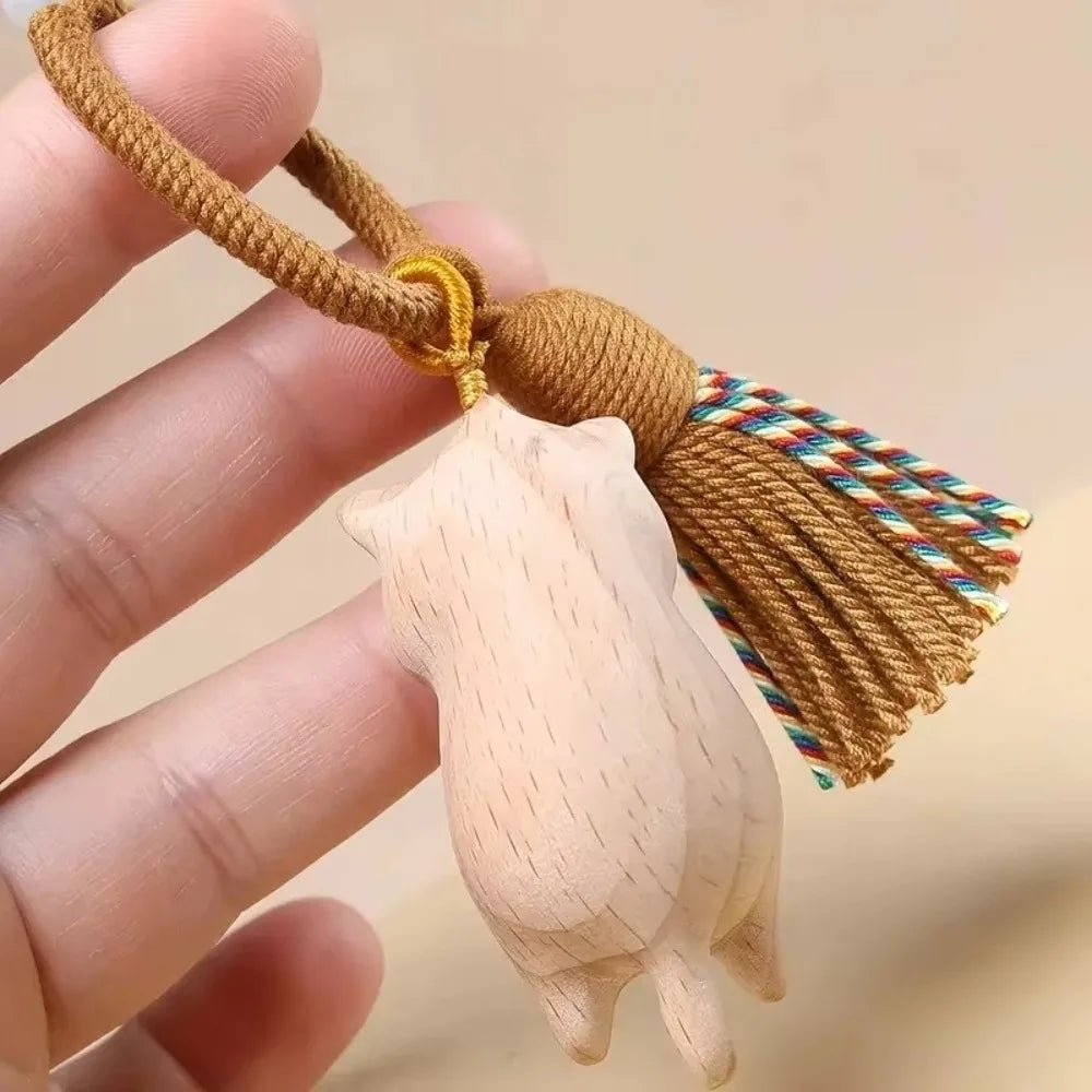 Retro Tassel Handcrafted Wooden Cat Pendant Wooden Material Bags Decoration Cat Keychain Money Catching Cat Bag Pendant