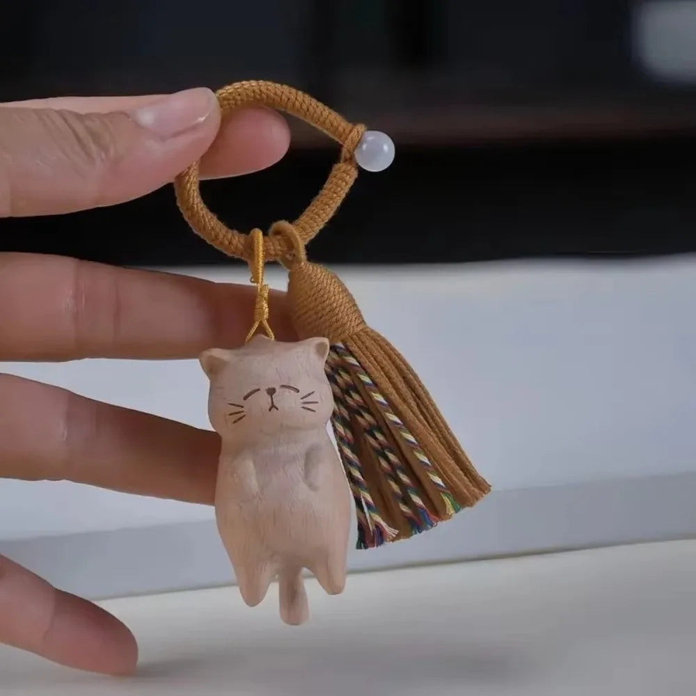 Retro Tassel Handcrafted Wooden Cat Pendant Wooden Material Bags Decoration Cat Keychain Money Catching Cat Bag Pendant