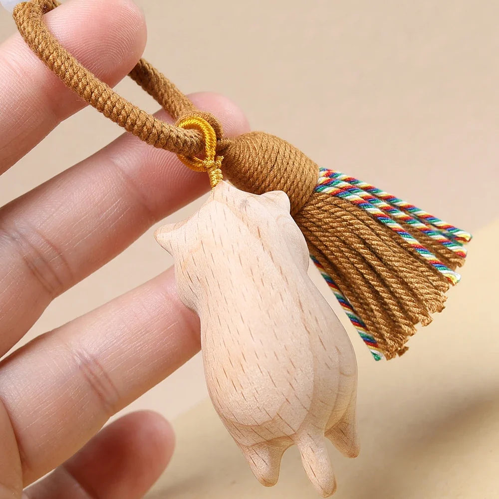 Retro Wooden Cat Keychain Hand Carved Cute Kitty Bag Pendant Charm Tassel Gift for Women Girl Couple Fashion Jewelry Accessories