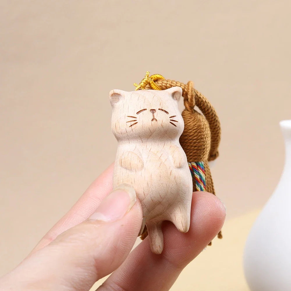 Retro Wooden Cat Keychain Hand Carved Cute Kitty Bag Pendant Charm Tassel Gift for Women Girl Couple Fashion Jewelry Accessories