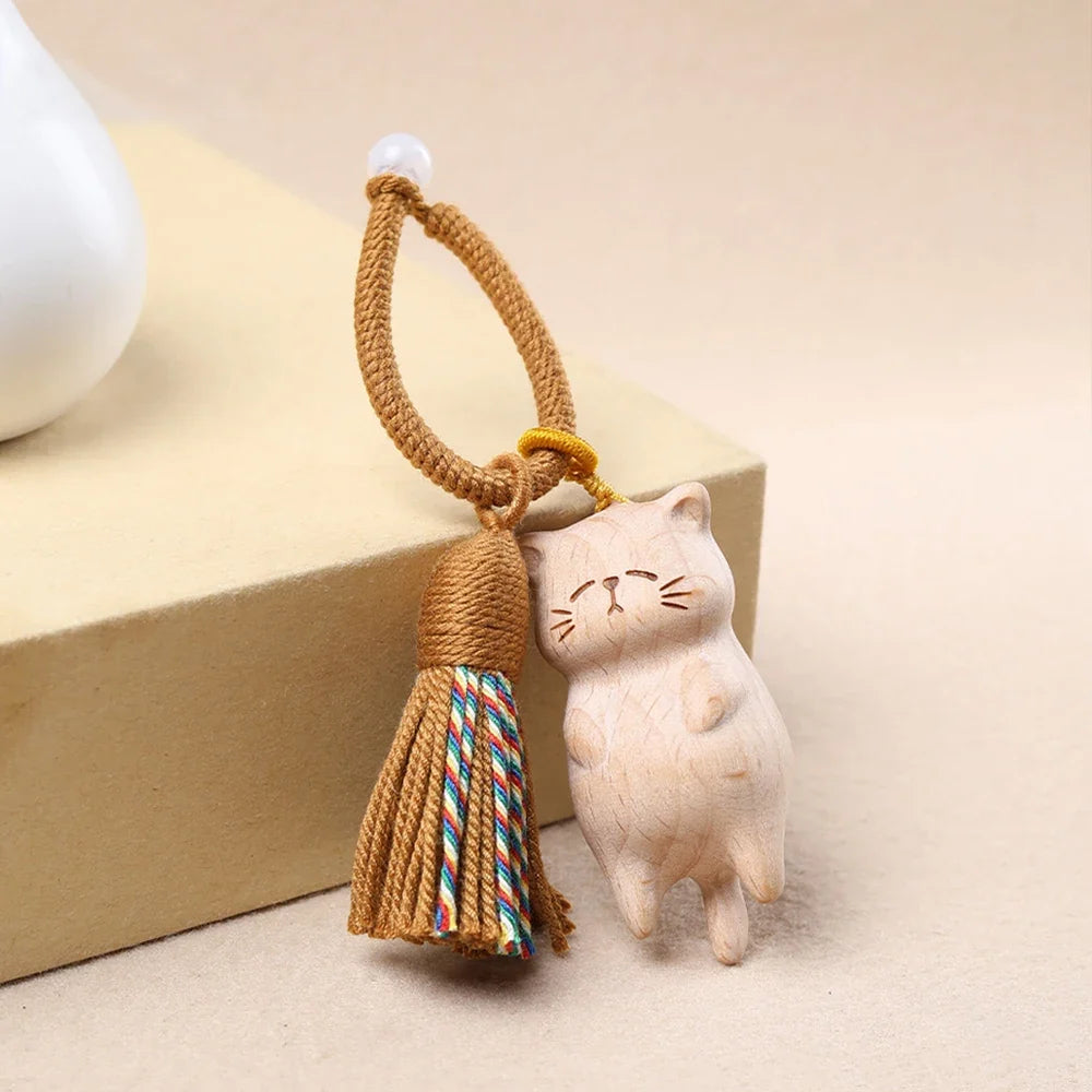Retro Wooden Cat Keychain Hand Carved Cute Kitty Bag Pendant Charm Tassel Gift for Women Girl Couple Fashion Jewelry Accessories