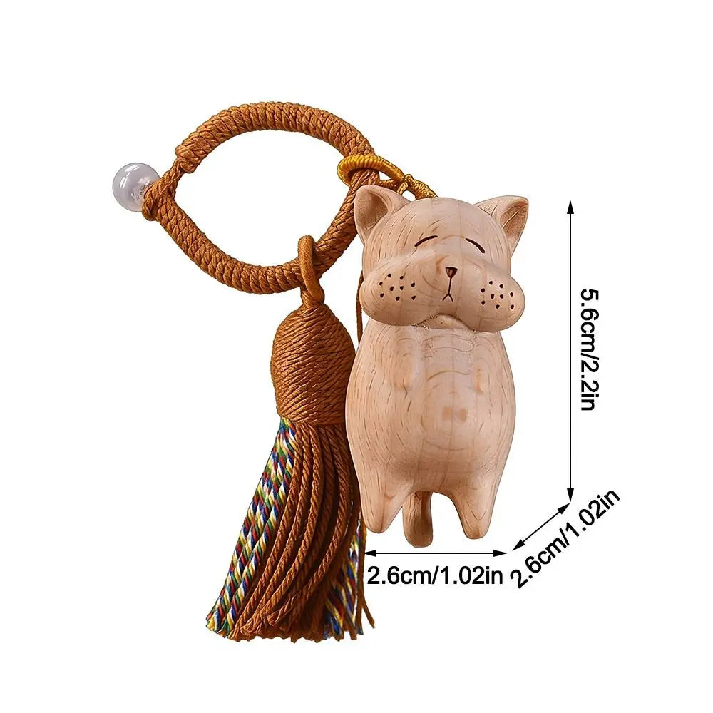 Retro Tassel Handcrafted Wooden Cat Pendant Wooden Material Bags Decoration Cat Keychain Money Catching Cat Bag Pendant