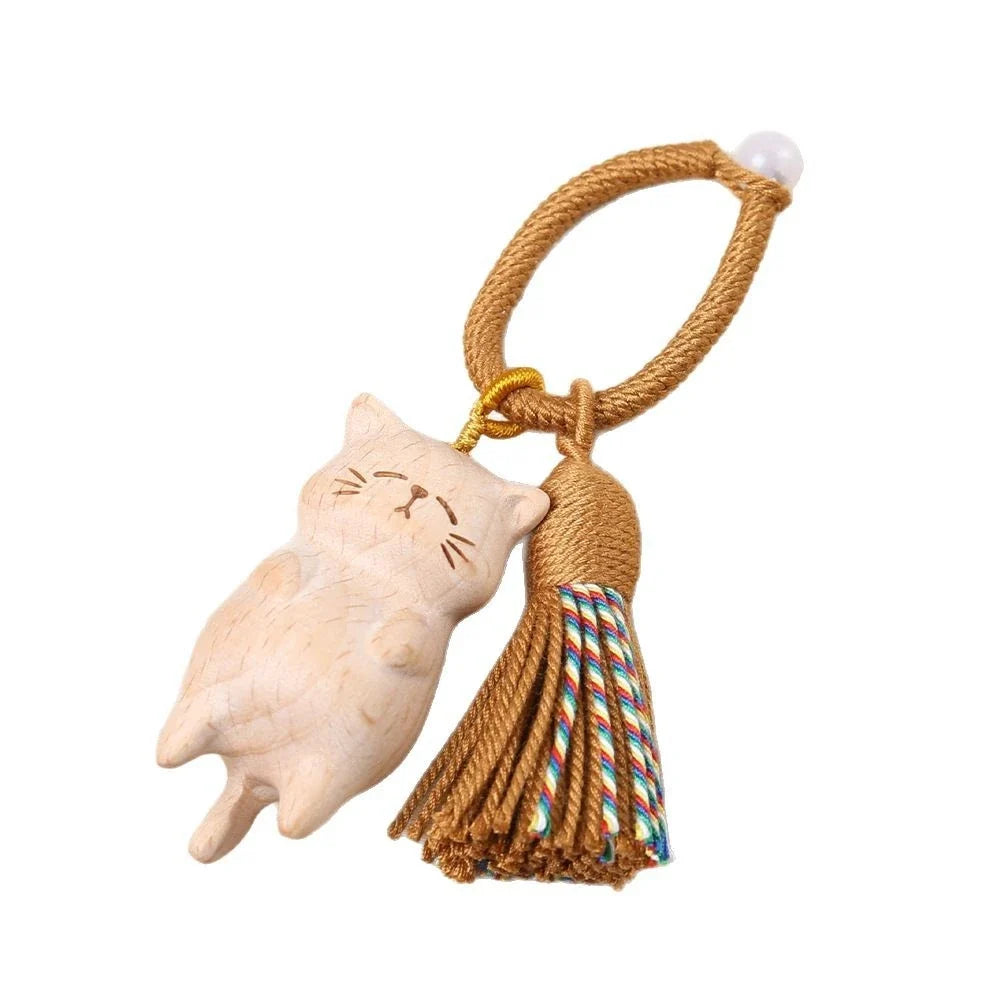 Retro Wooden Cat Keychain Hand Carved Cute Kitty Bag Pendant Charm Tassel Gift for Women Girl Couple Fashion Jewelry Accessories