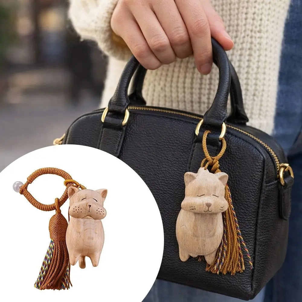 Retro Tassel Handcrafted Wooden Cat Pendant Wooden Material Bags Decoration Cat Keychain Money Catching Cat Bag Pendant